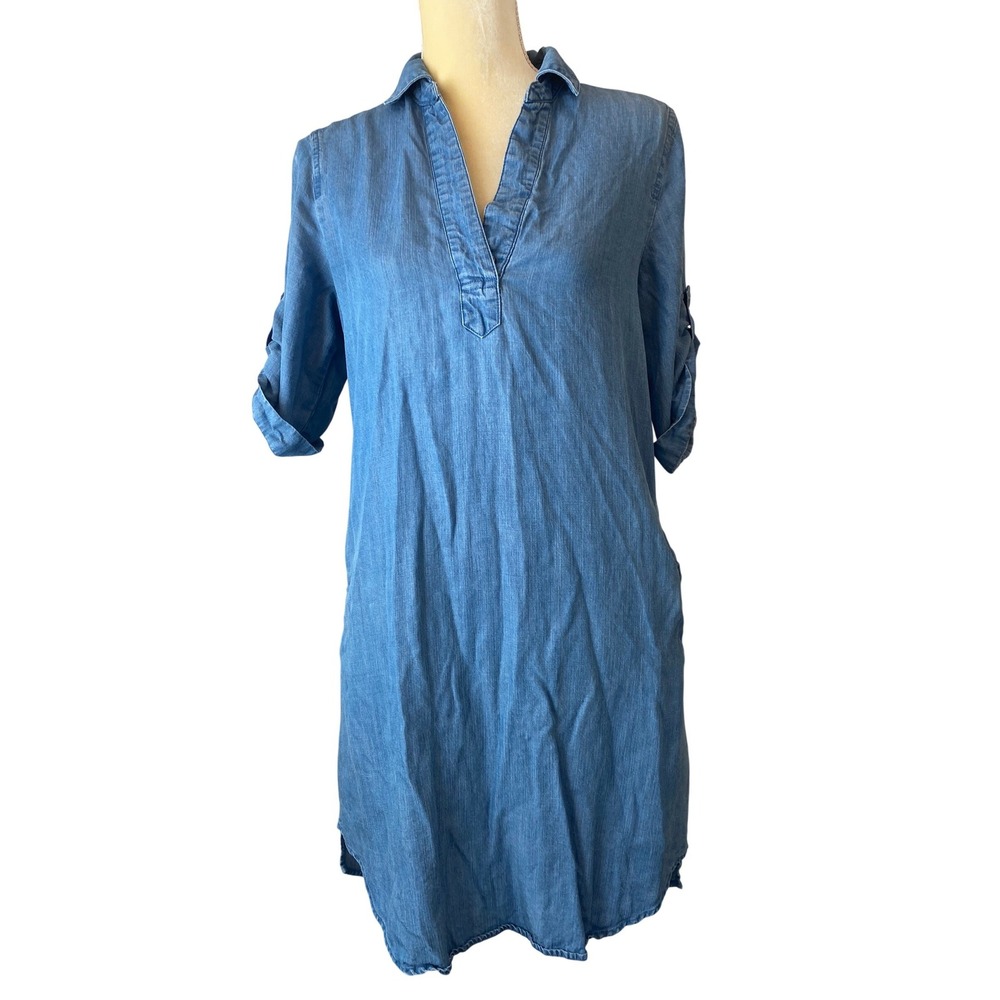 Chelsea & Theodore Womens Blue Lyocell Denim Shirt Dress Roll Tab Sleeve Small